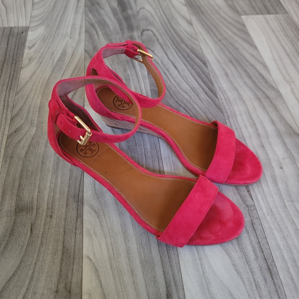 Tory Burch Savannah Red Suede Cork Wedge Sandal Slingback 8M